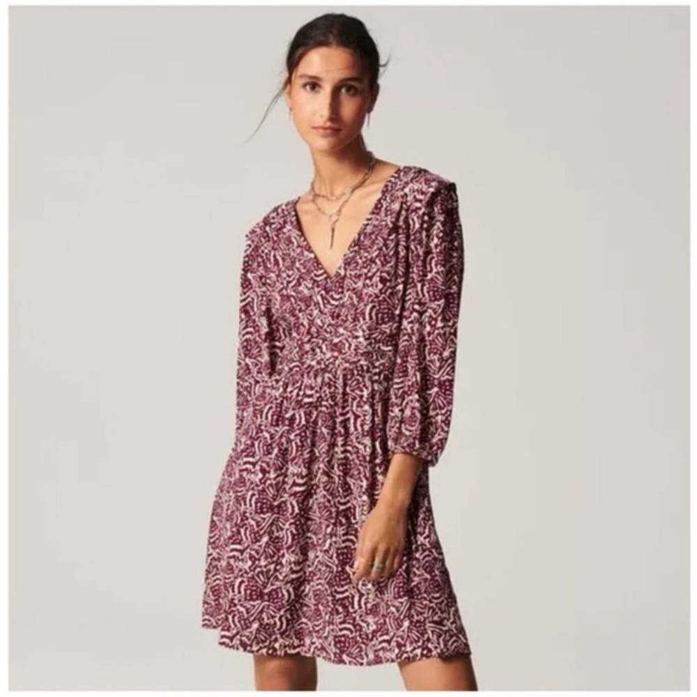 BA&SH Lia Purple Printed V Neck Pleated Mini Dress Women's Size 6 New